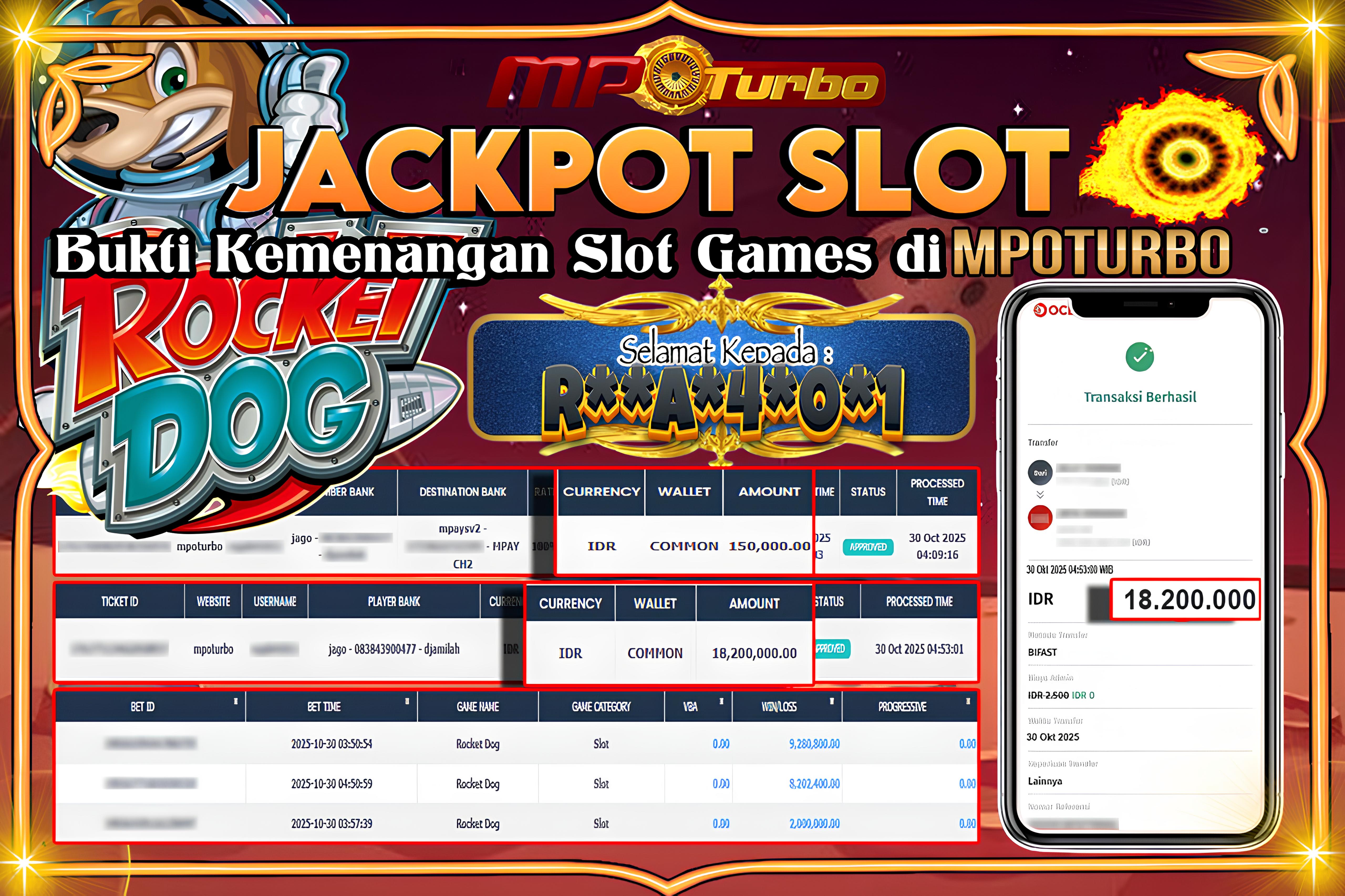MPOTURBO JACKPOT ROCKET DOG - OG SLOT Rp 18,200,000,00,- LUNAS